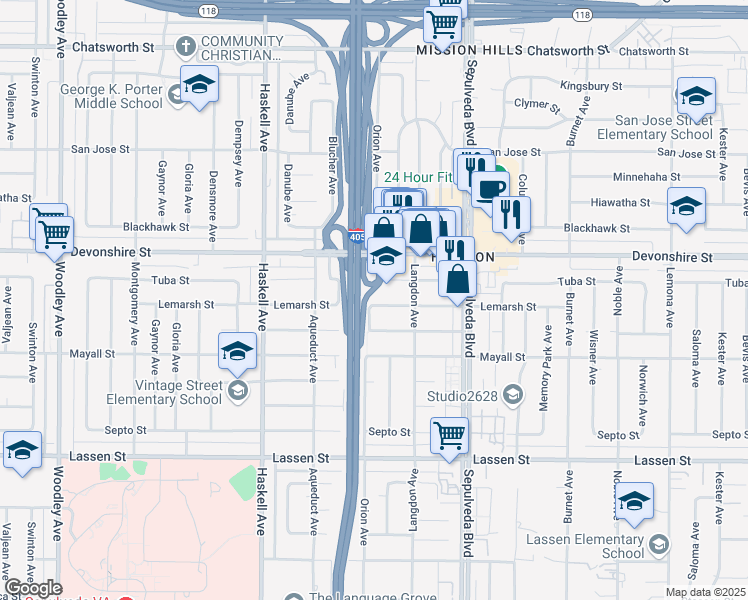 map of restaurants, bars, coffee shops, grocery stores, and more near 15551 Lemarsh Street in Los Angeles