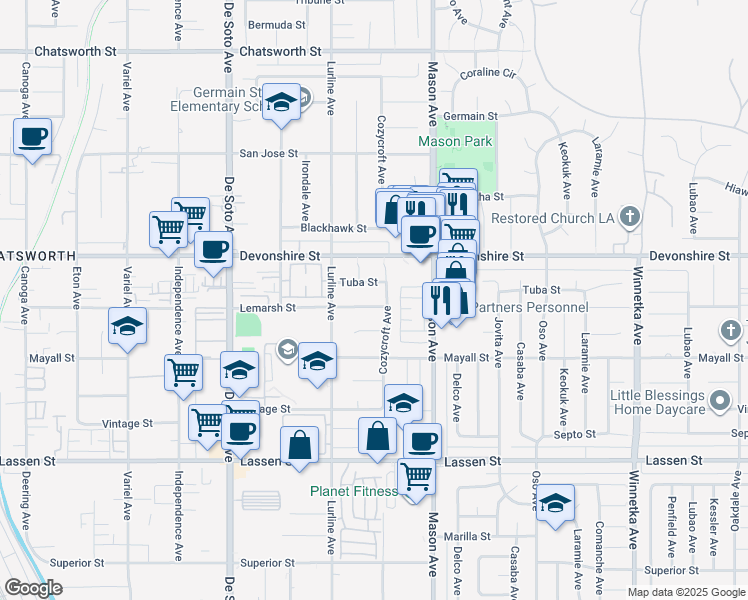 map of restaurants, bars, coffee shops, grocery stores, and more near 20613 Lemarsh Street in Los Angeles