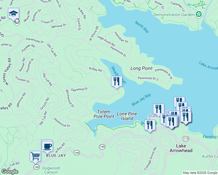 map of restaurants, bars, coffee shops, grocery stores, and more near 27446 North Bay Road in Lake Arrowhead