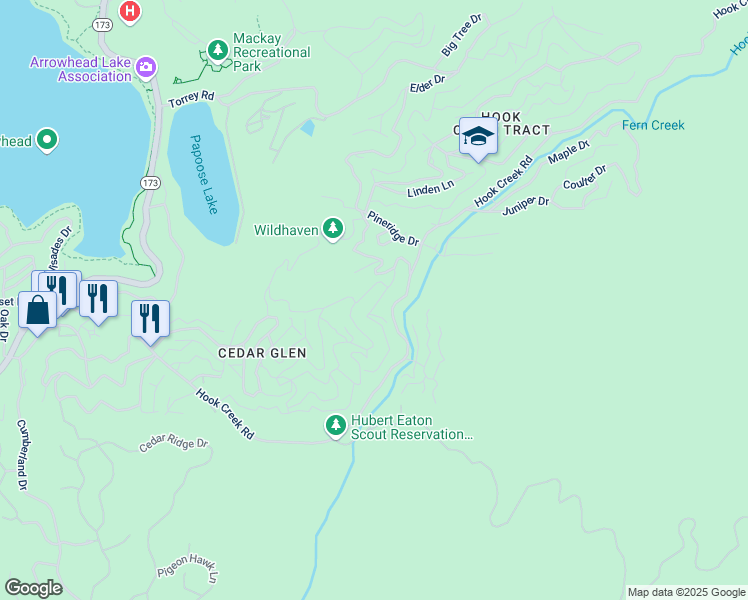 map of restaurants, bars, coffee shops, grocery stores, and more near Pine Drive in Lake Arrowhead