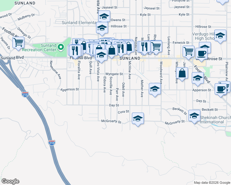 map of restaurants, bars, coffee shops, grocery stores, and more near 10251 Parr Avenue in Los Angeles