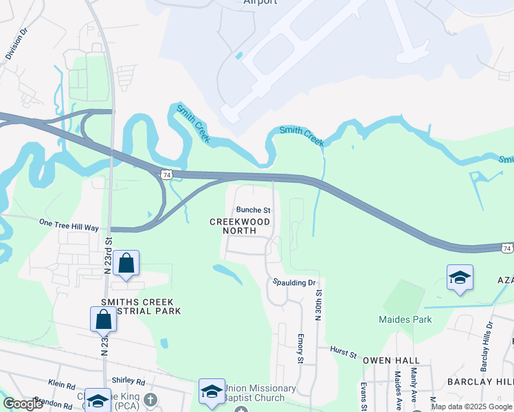 map of restaurants, bars, coffee shops, grocery stores, and more near 2703 Bunche Street in Wilmington