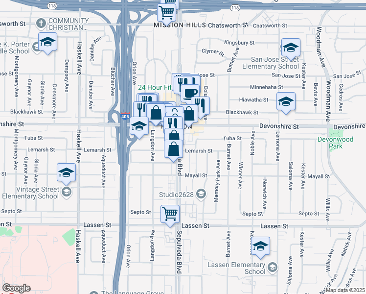 map of restaurants, bars, coffee shops, grocery stores, and more near 10200 Sepulveda Boulevard in Los Angeles
