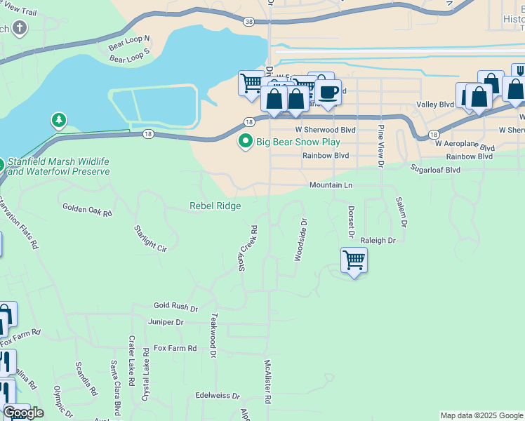 map of restaurants, bars, coffee shops, grocery stores, and more near 340 Stony Creek Road in Big Bear Lake
