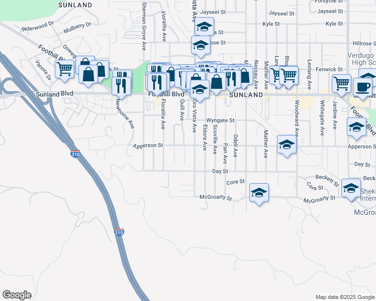 map of restaurants, bars, coffee shops, grocery stores, and more near 10250 Quill Avenue in Los Angeles
