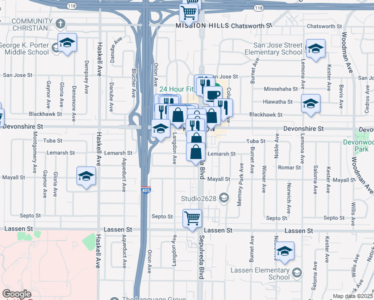 map of restaurants, bars, coffee shops, grocery stores, and more near 15431 Lemarsh St in Los Angeles