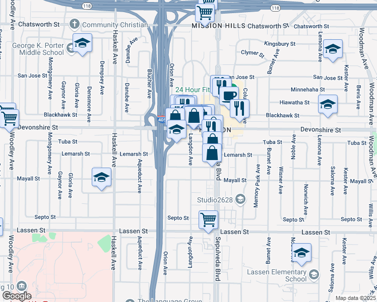 map of restaurants, bars, coffee shops, grocery stores, and more near 15511 Lemarsh Street in Los Angeles