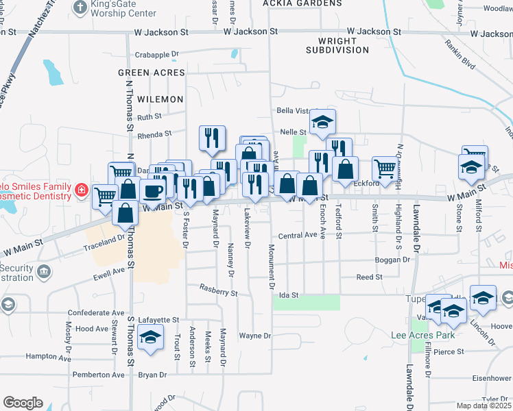 map of restaurants, bars, coffee shops, grocery stores, and more near 2117 Main Street in Tupelo