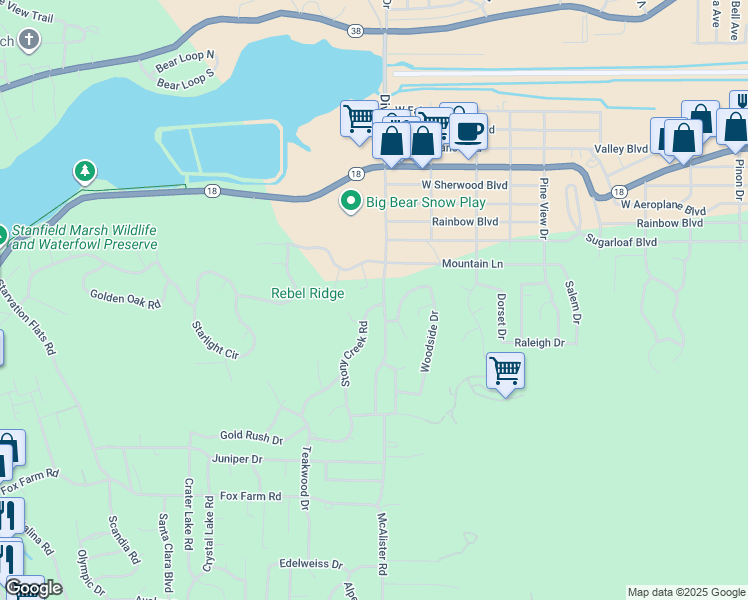 map of restaurants, bars, coffee shops, grocery stores, and more near 340 Stony Creek Road in Big Bear Lake