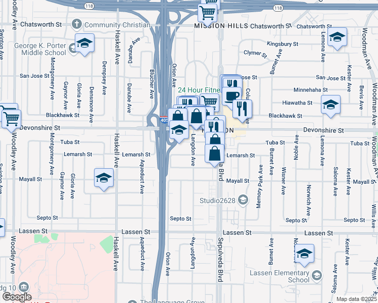 map of restaurants, bars, coffee shops, grocery stores, and more near 15511 Lemarsh Street in Los Angeles