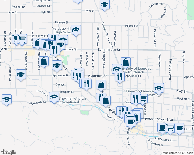 map of restaurants, bars, coffee shops, grocery stores, and more near 10256 McClemont Avenue in Los Angeles
