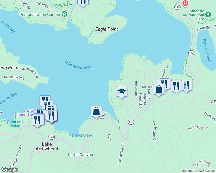 map of restaurants, bars, coffee shops, grocery stores, and more near in Lake Arrowhead