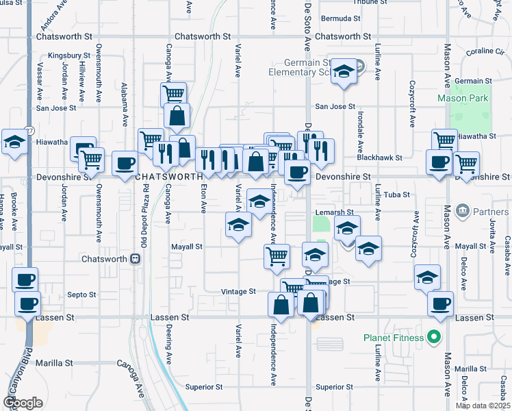 map of restaurants, bars, coffee shops, grocery stores, and more near 21025 Lemarsh Street in Los Angeles