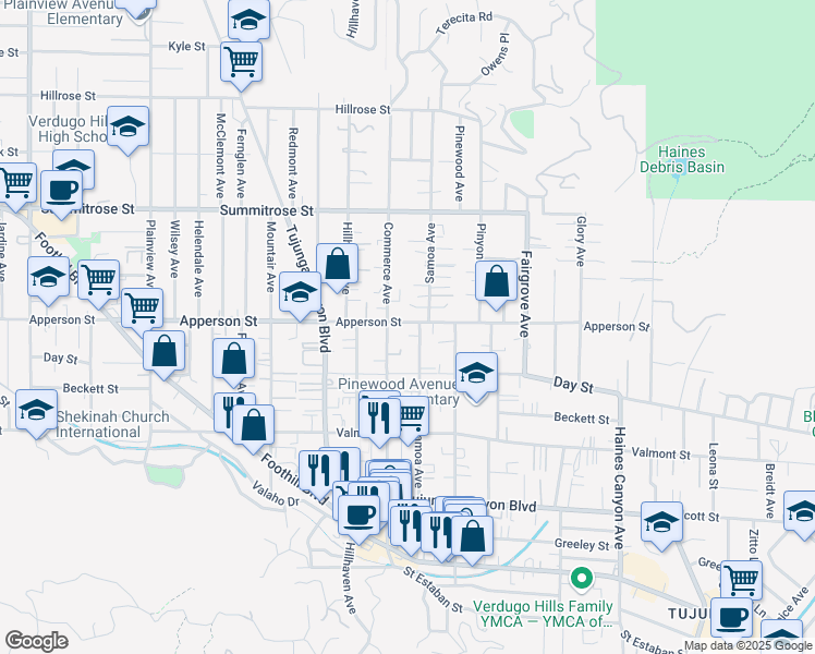 map of restaurants, bars, coffee shops, grocery stores, and more near 10240 Commerce Avenue in Los Angeles