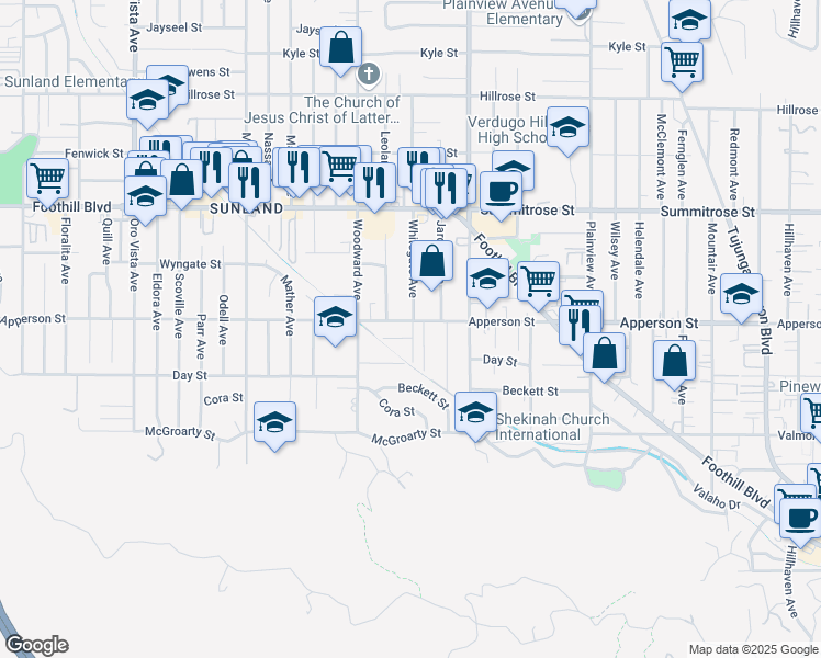 map of restaurants, bars, coffee shops, grocery stores, and more near 7902 Apperson Street in Los Angeles