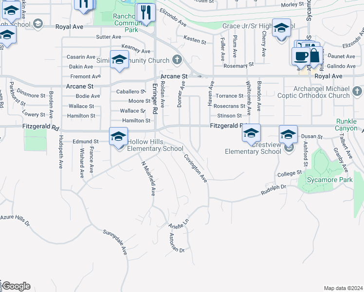 map of restaurants, bars, coffee shops, grocery stores, and more near 2019 Covington Avenue in Simi Valley