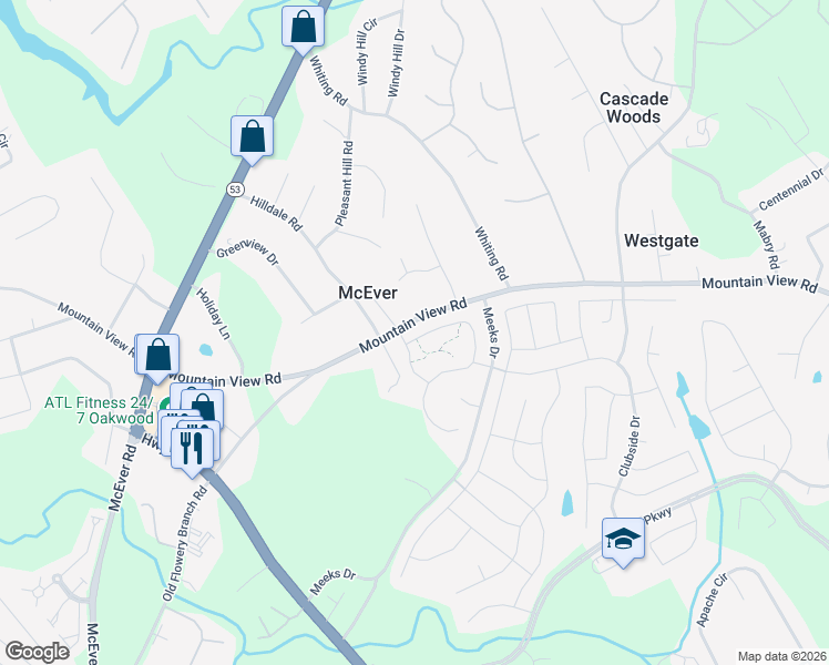 map of restaurants, bars, coffee shops, grocery stores, and more near 3645 Mountain View Road in Gainesville