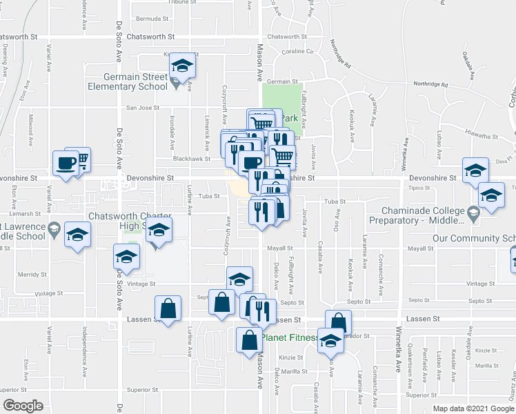 map of restaurants, bars, coffee shops, grocery stores, and more near 10250 Mason Avenue in Los Angeles