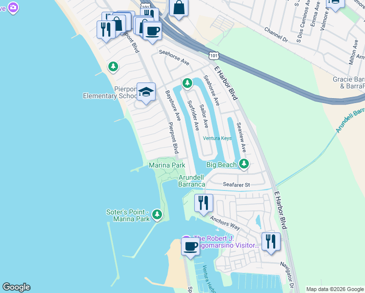 map of restaurants, bars, coffee shops, grocery stores, and more near 2949 Bayshore Avenue in Ventura