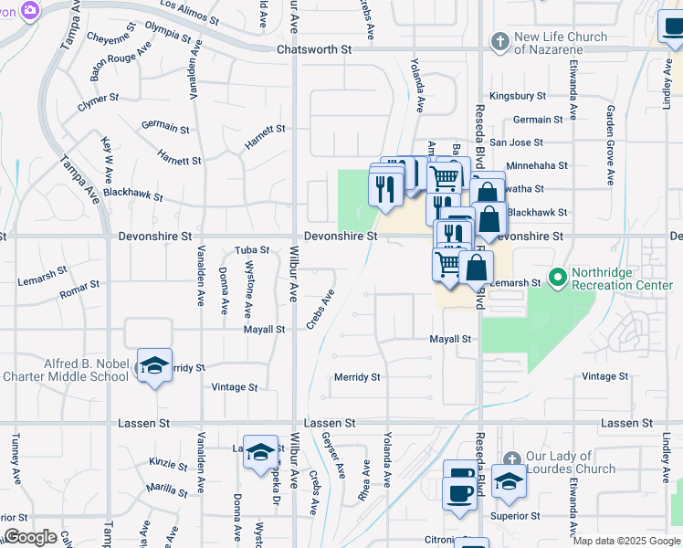 map of restaurants, bars, coffee shops, grocery stores, and more near 18760 Tuba Street in Los Angeles