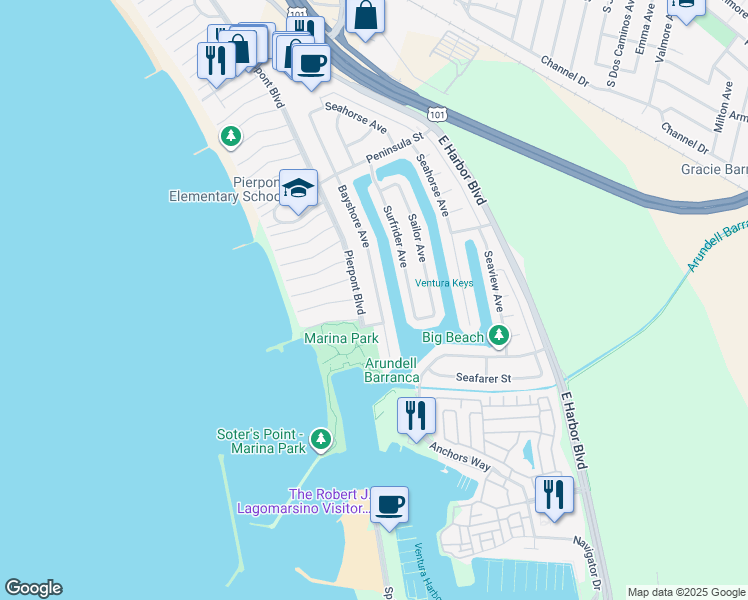 map of restaurants, bars, coffee shops, grocery stores, and more near 2949 Bayshore Avenue in Ventura