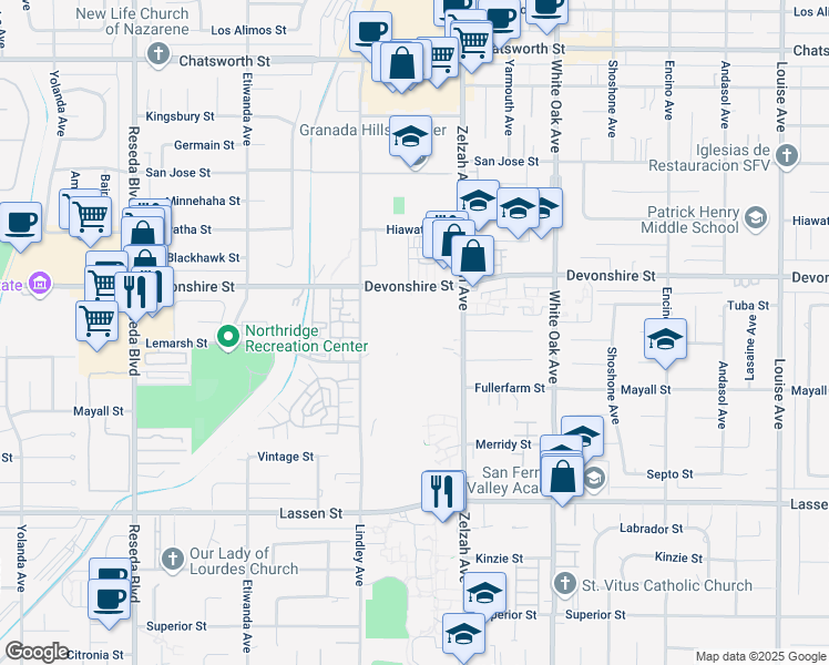 map of restaurants, bars, coffee shops, grocery stores, and more near 18000 Devonshire Street in Los Angeles