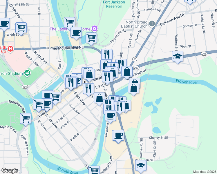 map of restaurants, bars, coffee shops, grocery stores, and more near 108 East 8th Avenue in Rome