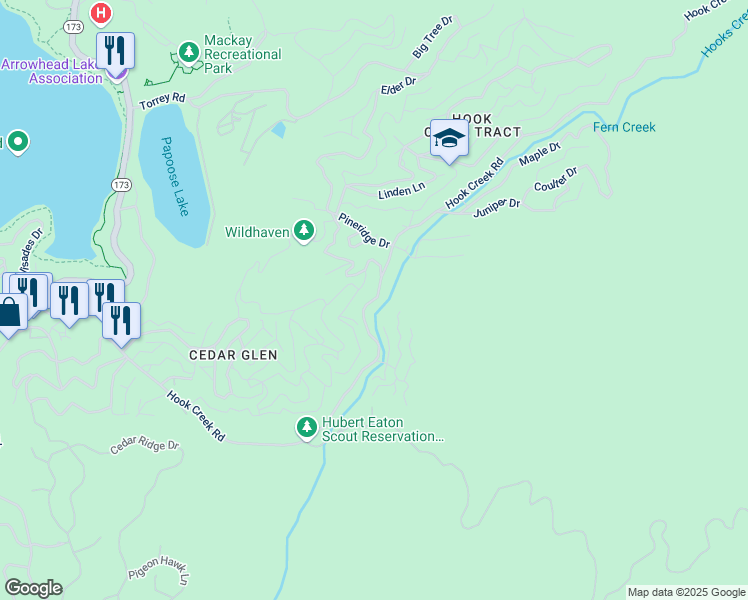 map of restaurants, bars, coffee shops, grocery stores, and more near 29630 Hook Creek Road in Lake Arrowhead