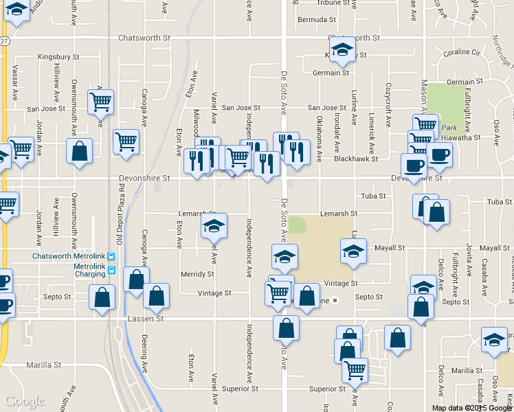 map of restaurants, bars, coffee shops, grocery stores, and more near 10206 Independence Avenue in Los Angeles