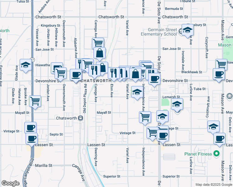 map of restaurants, bars, coffee shops, grocery stores, and more near 21211 Lemarsh Street in Los Angeles