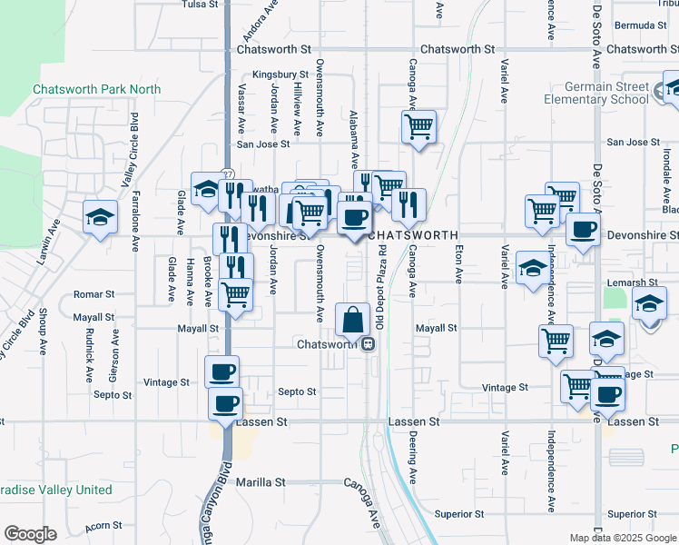 map of restaurants, bars, coffee shops, grocery stores, and more near 10207 Remmet Avenue in Los Angeles