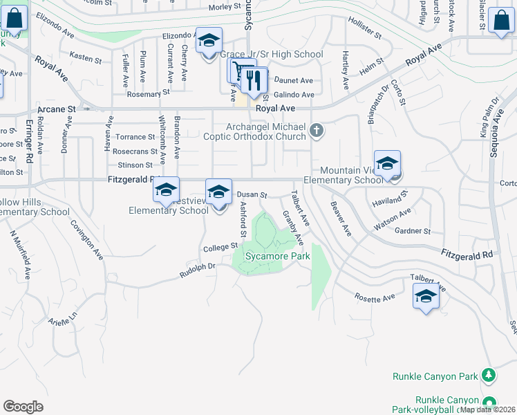 map of restaurants, bars, coffee shops, grocery stores, and more near 965 Planetree Avenue in Simi Valley