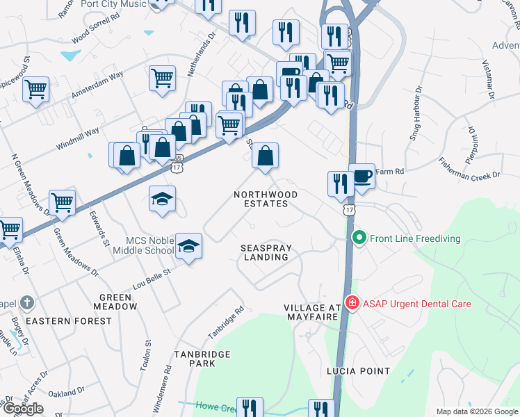 map of restaurants, bars, coffee shops, grocery stores, and more near 74 Northwood Drive in Wilmington