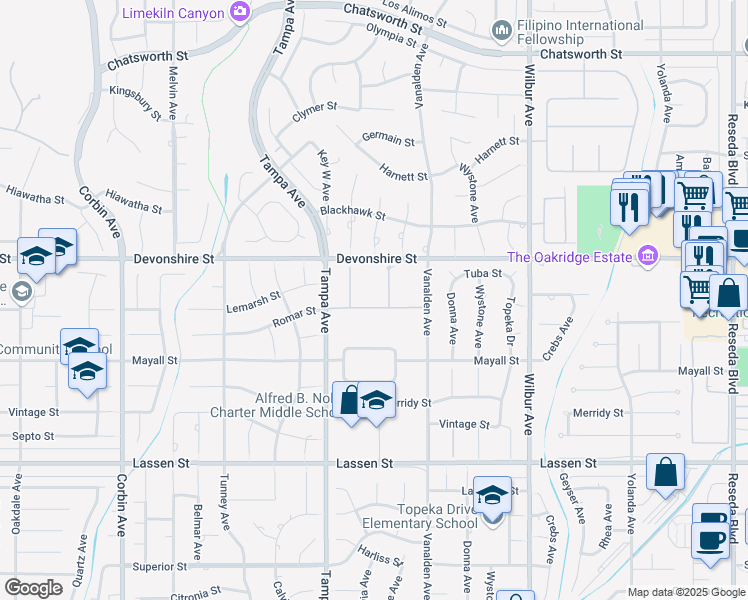 map of restaurants, bars, coffee shops, grocery stores, and more near 19203 Romar Street in Los Angeles
