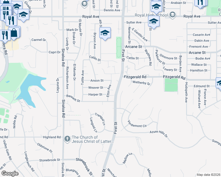 map of restaurants, bars, coffee shops, grocery stores, and more near 952 Ettin Avenue in Simi Valley