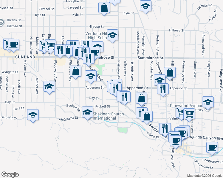 map of restaurants, bars, coffee shops, grocery stores, and more near 7636 Foothill Boulevard in Los Angeles