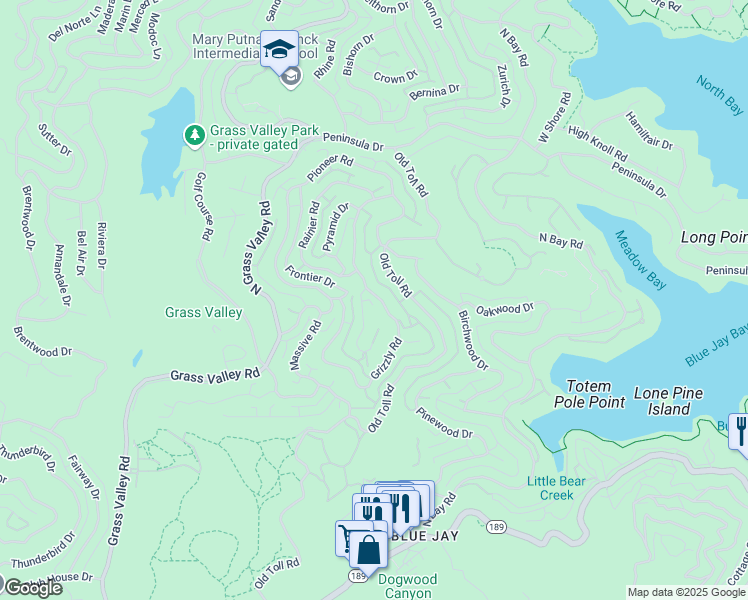 map of restaurants, bars, coffee shops, grocery stores, and more near 332 Grizzly Road in Lake Arrowhead