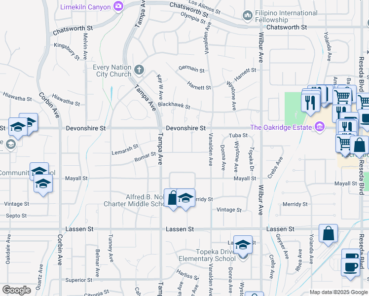 map of restaurants, bars, coffee shops, grocery stores, and more near 19203 Romar Street in Los Angeles