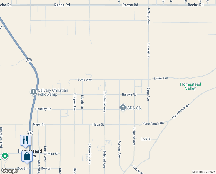 map of restaurants, bars, coffee shops, grocery stores, and more near 56625 Lowe Avenue in Yucca Valley