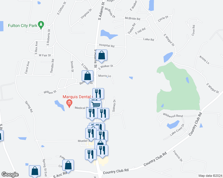 map of restaurants, bars, coffee shops, grocery stores, and more near 1207 South Adams Street in Fulton