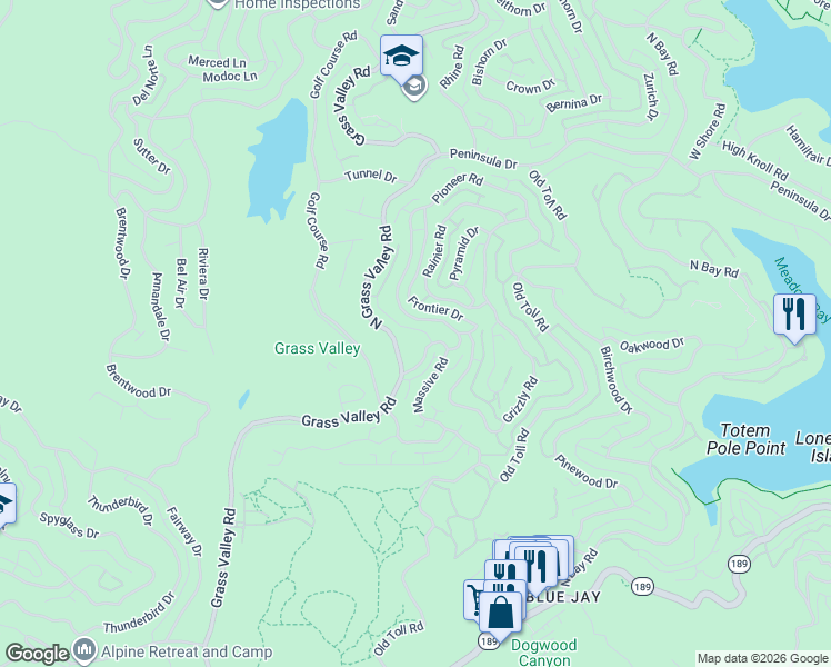 map of restaurants, bars, coffee shops, grocery stores, and more near 308 Pioneer Road in Lake Arrowhead