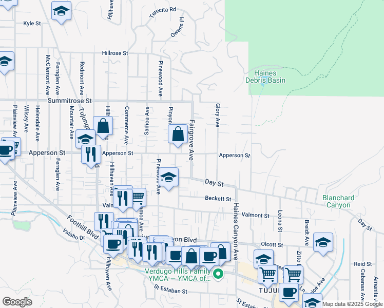 map of restaurants, bars, coffee shops, grocery stores, and more near Apperson Street & Fairgrove Avenue in Los Angeles