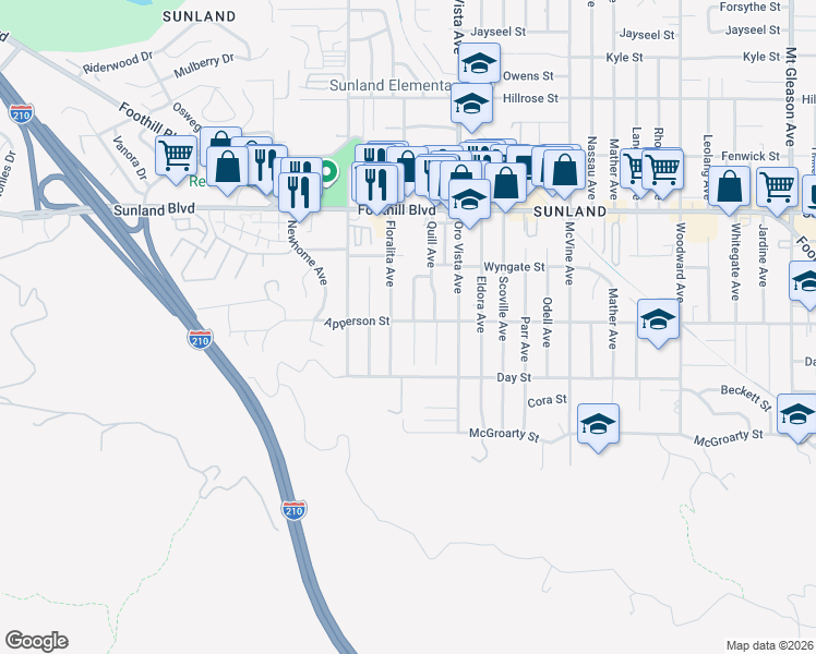 map of restaurants, bars, coffee shops, grocery stores, and more near 10243 Floralita Avenue in Los Angeles