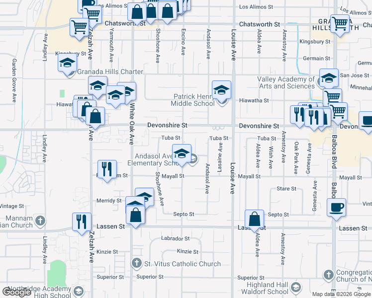 map of restaurants, bars, coffee shops, grocery stores, and more near 10210 Encino Avenue in Los Angeles