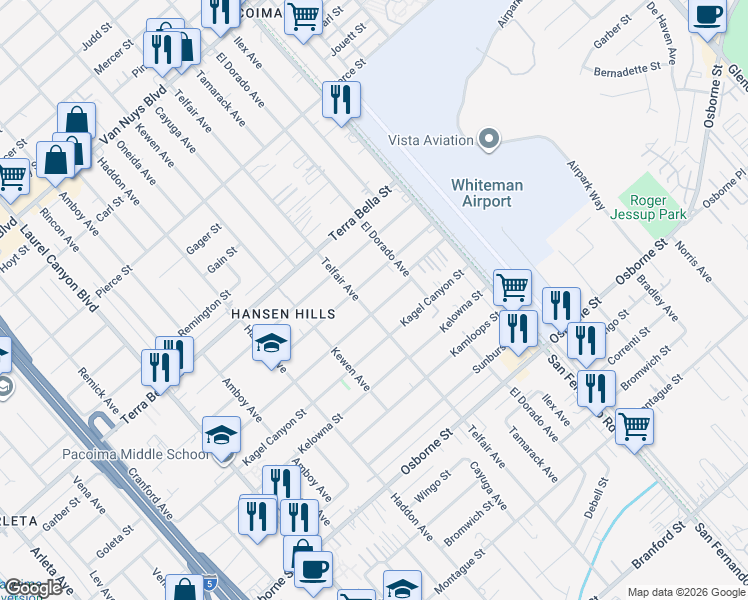 map of restaurants, bars, coffee shops, grocery stores, and more near 13057 Goleta Street in Los Angeles