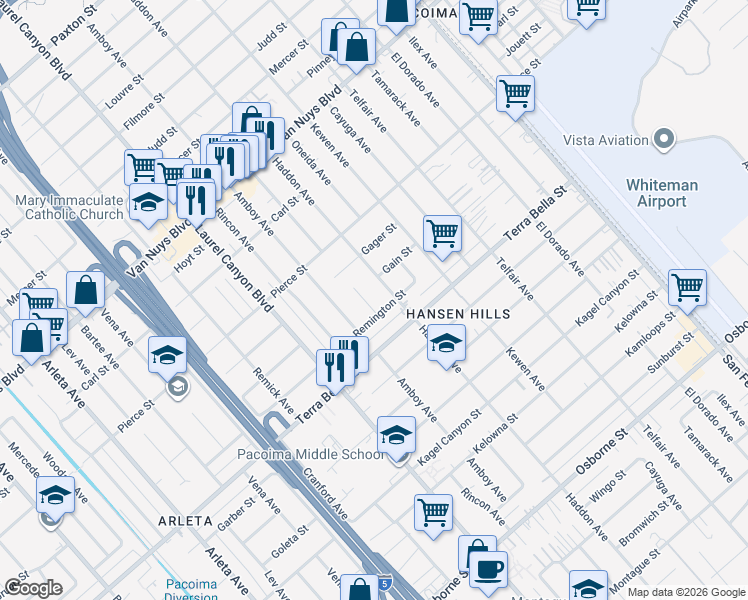 map of restaurants, bars, coffee shops, grocery stores, and more near 10215 O Melveny Avenue in Los Angeles