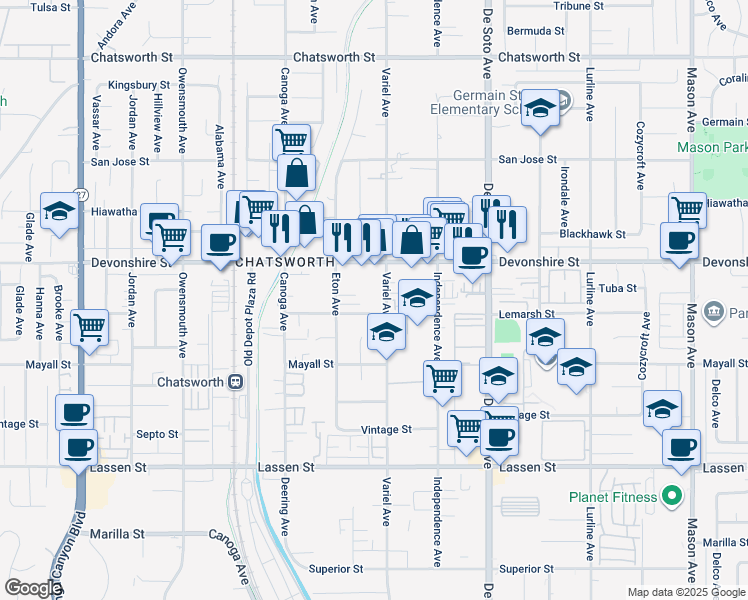 map of restaurants, bars, coffee shops, grocery stores, and more near 21101 Lemarsh Street in Los Angeles