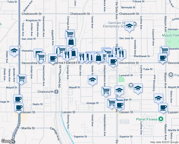 map of restaurants, bars, coffee shops, grocery stores, and more near 10215 Variel Avenue in Los Angeles
