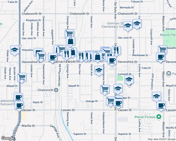 map of restaurants, bars, coffee shops, grocery stores, and more near 10215 Variel Avenue in Los Angeles