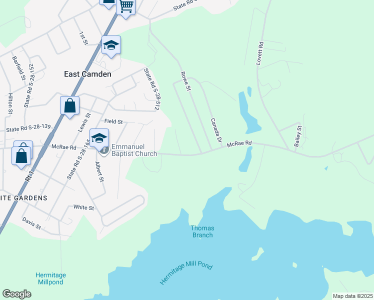 map of restaurants, bars, coffee shops, grocery stores, and more near 1780 McRae Road in Camden
